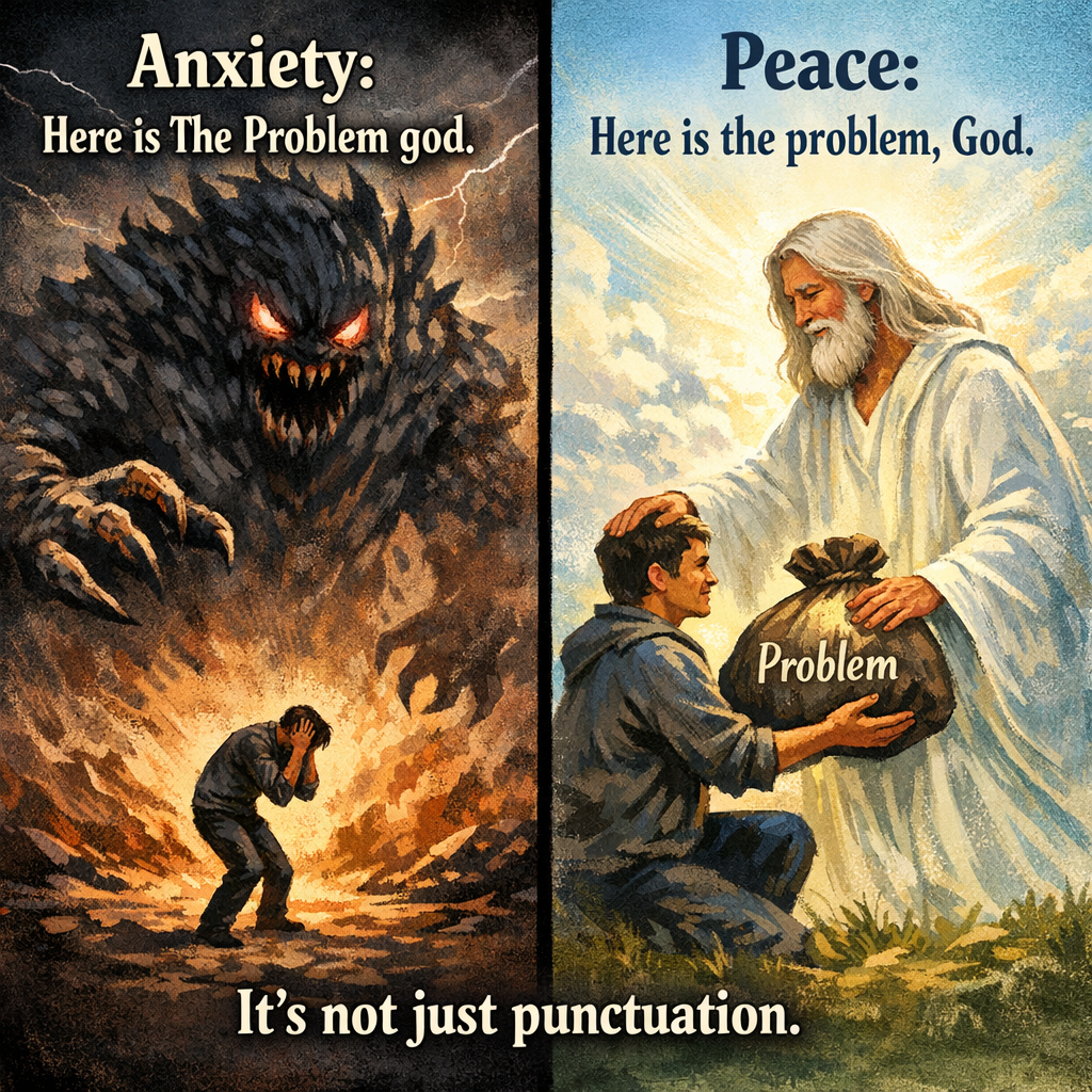 Two panels. Left, in storm light: 'Anxiety: Here is The Problem god' — a huge shadow monster looms over a man covering his face. Right, in sunlight: 'Peace: Here is the problem, God.' — the same man kneels, handing up a sack marked 'Problem' to a robed figure whose hand rests on his head. Across the bottom: 'It's not just punctuation.'